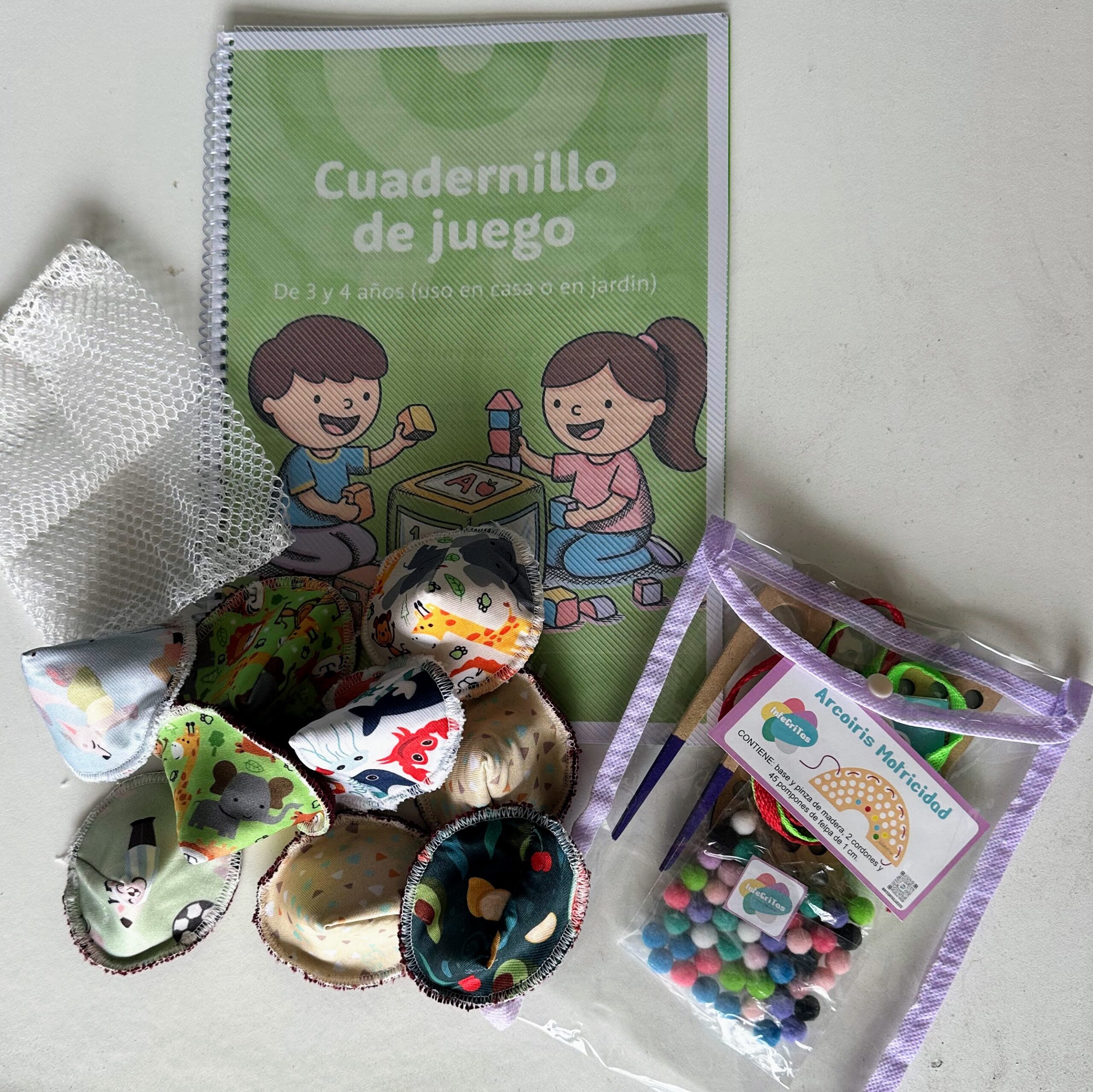 Pack Desarrollo Sensorial Eco Party: Cuadernillo PDF + Conitos de Tela + Pinza Motriz