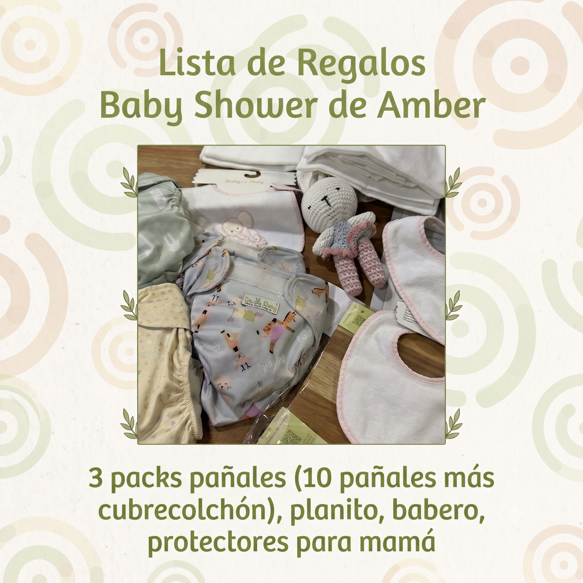 Lista de regalos del Baby Shower de Amber con pañales reutilizables y accesorios Eco Party